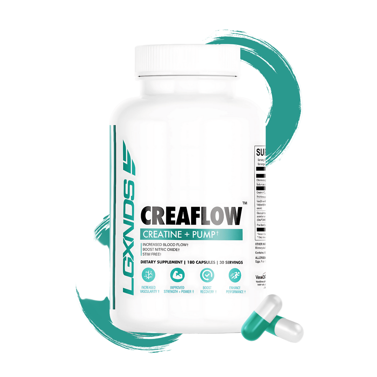 CreaFlow creatine supplement bottle with green and white capsules for muscle recovery and performance