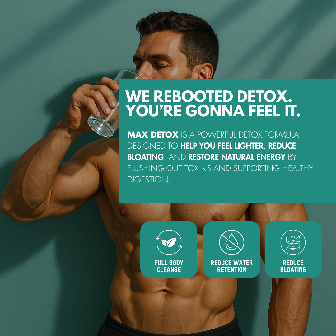 Muscular man drinking water with detox supplement benefits highlighted for energy and digestion