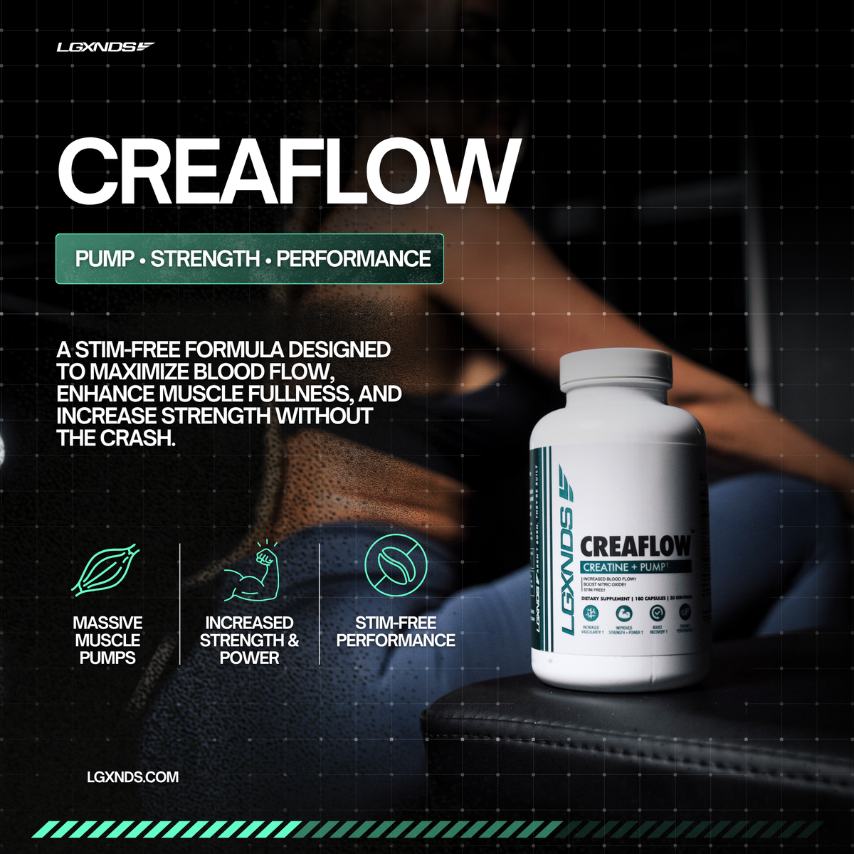 CreaFlow stim-free supplement for muscle pumps, strength, and performance enhancement
