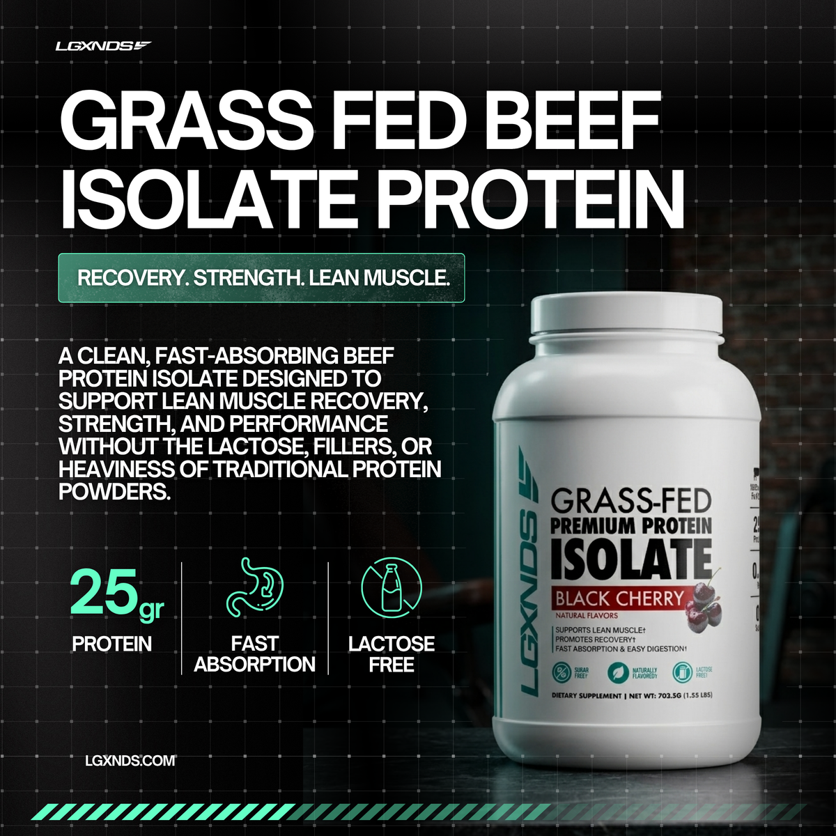 Grass-fed beef isolate protein powder for muscle recovery and strength, lactose-free, black cherry flavor