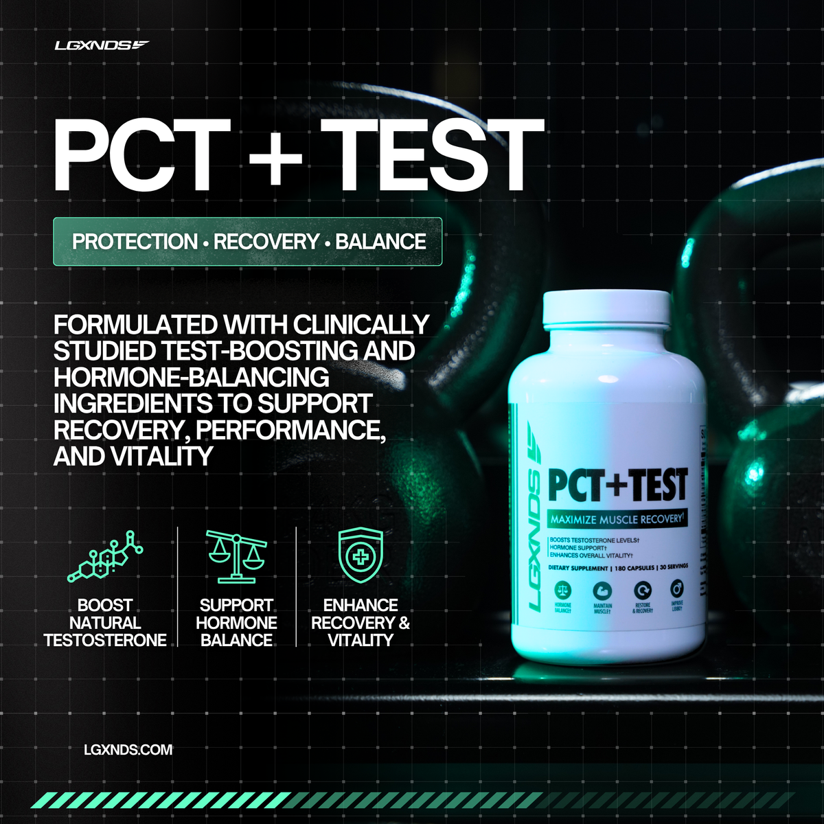 PCT + Test supplement bottle for muscle recovery, hormone balance, and performance support with kettlebells background