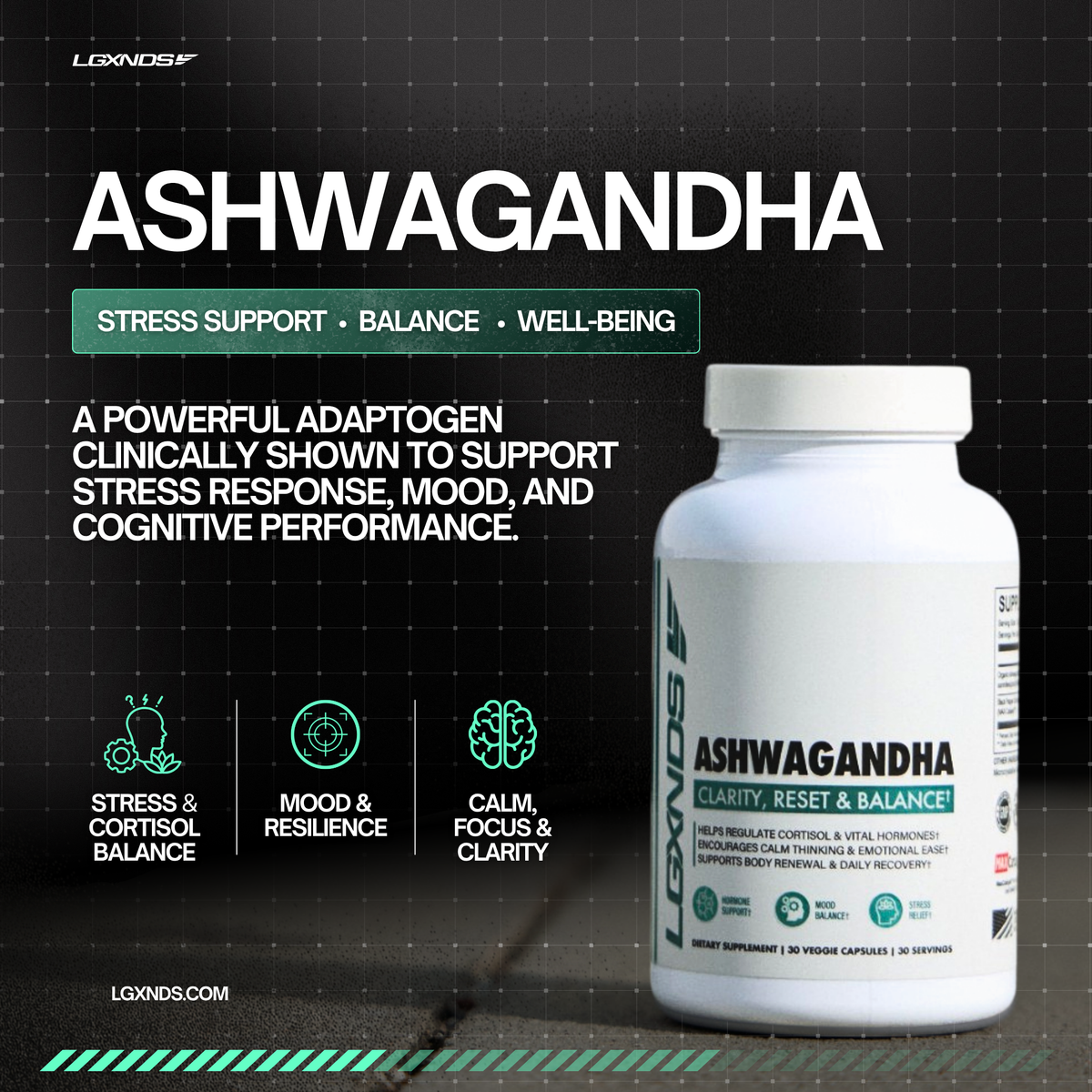 Ashwagandha supplement bottle for stress support, balance, and well-being with cognitive performance benefits