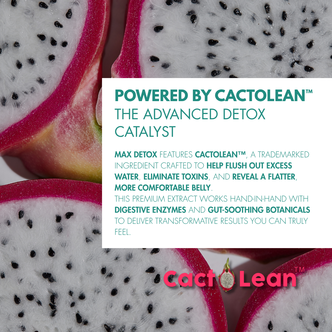 Dragon fruit slices with CactoLean™ detox catalyst text for premium supplement benefits