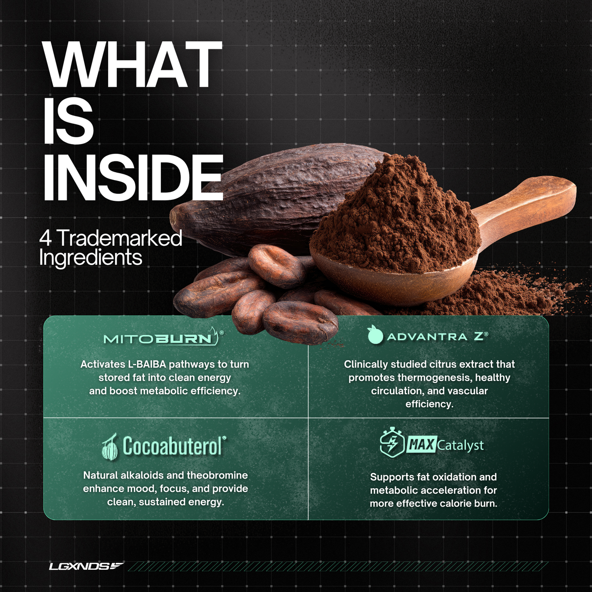 Cocoa powder and beans with 4 trademarked ingredients for fat burn and energy boost