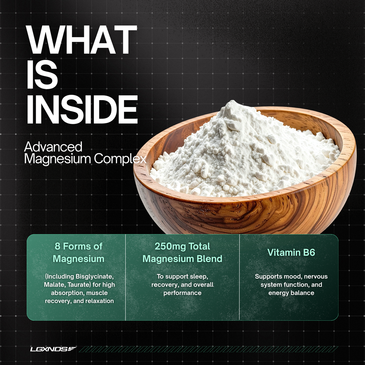 Advanced Magnesium Complex powder in wooden bowl, supports muscle recovery and performance