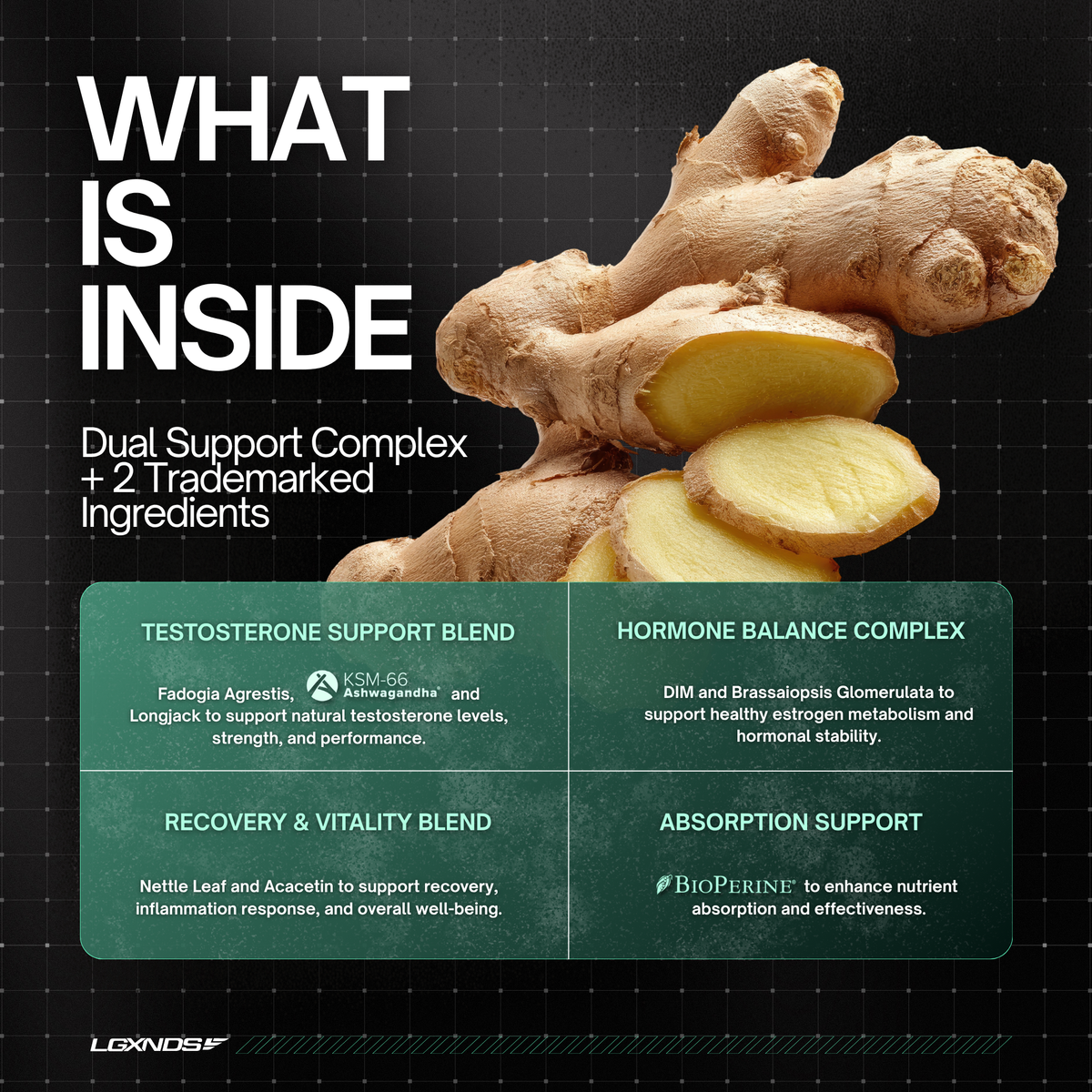 Ginger root with Dual Support Complex for strength, recovery, and hormone balance in supplements