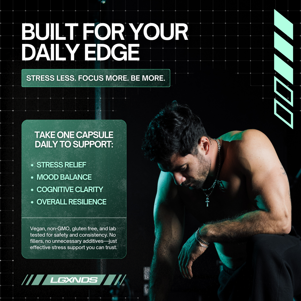 Muscular man resting with text on stress relief, mood balance, and cognitive clarity support