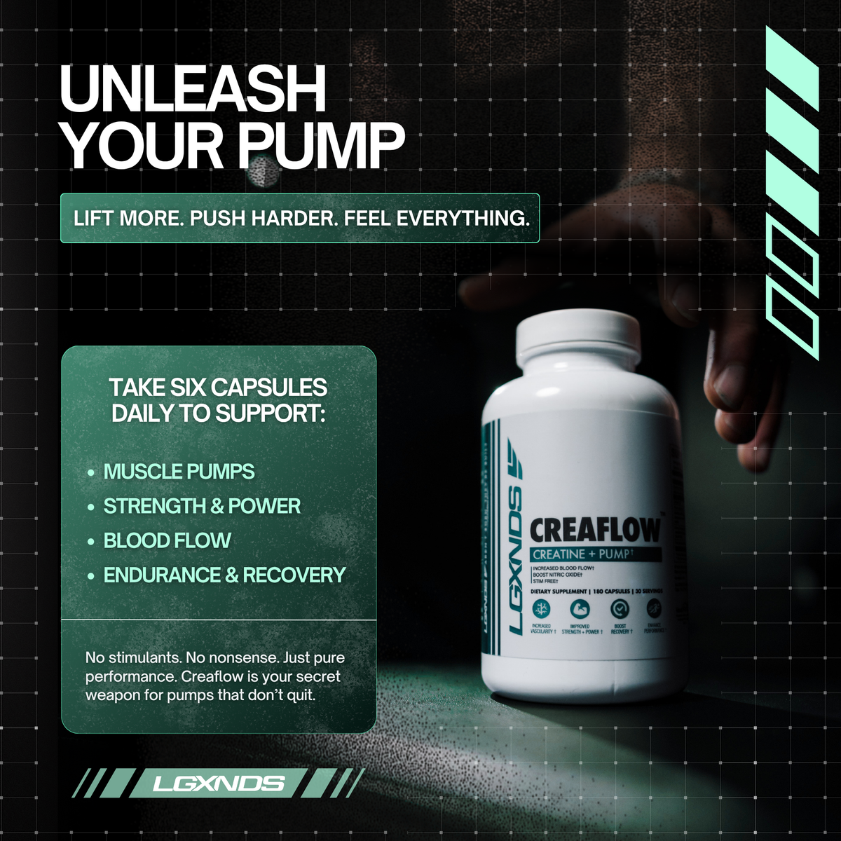 Creaflow creatine supplement bottle for muscle pumps, strength, and recovery support