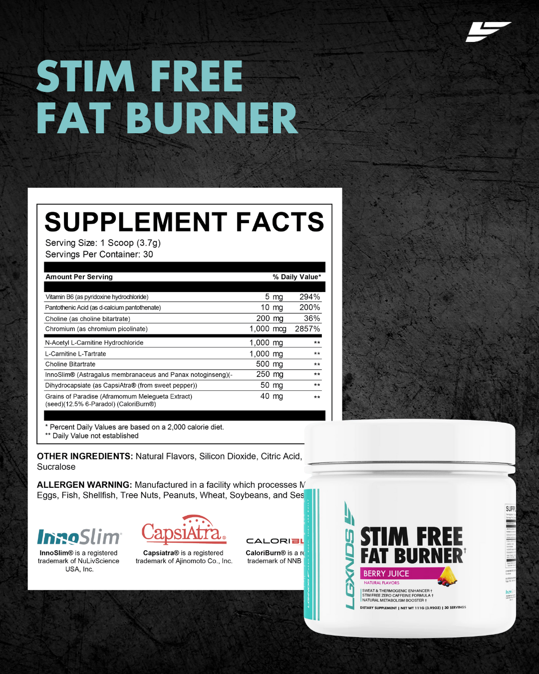 Stim-free fat burner supplement in berry juice flavor with detailed supplement facts label