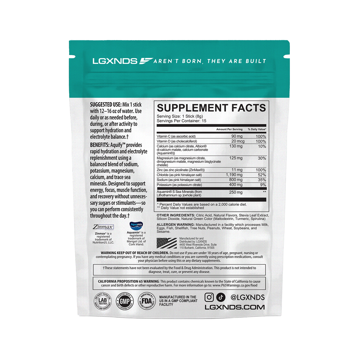 Back of hydration supplement packet showing supplement facts, ingredients, and usage instructions