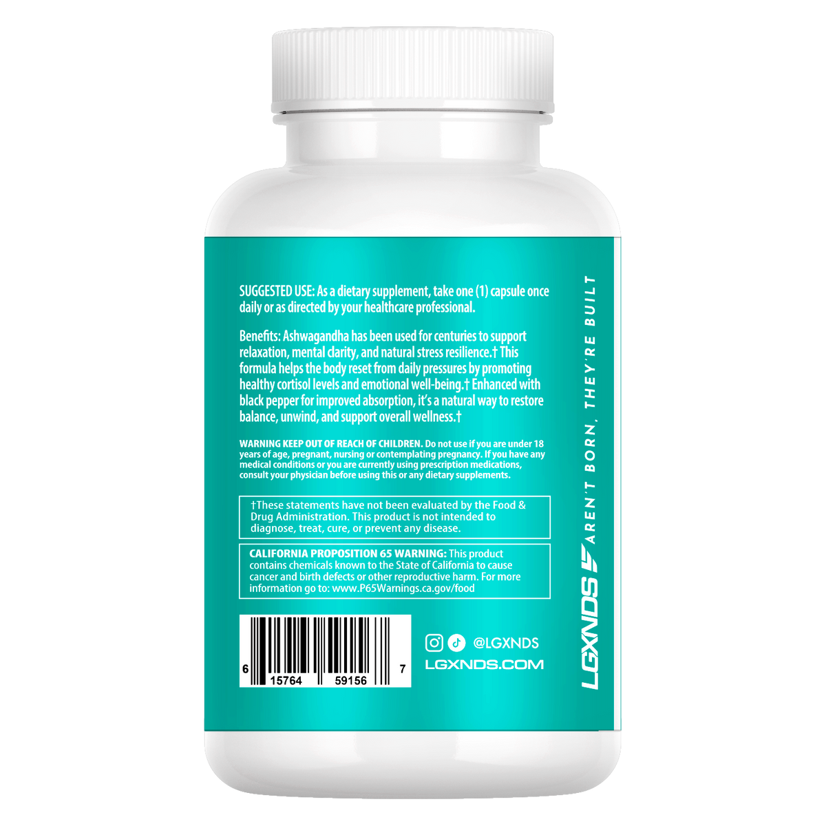 Back label of ashwagandha supplement bottle highlighting benefits, usage, and health warnings.