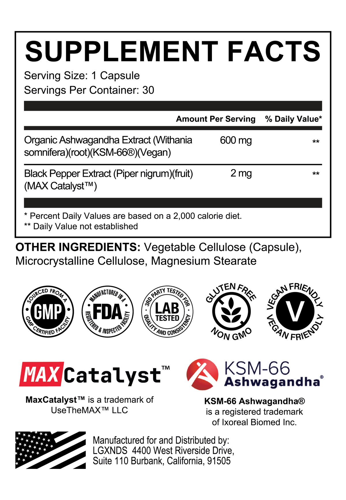 Ashwagandha supplement facts label with capsule serving size, ingredients, and certifications.