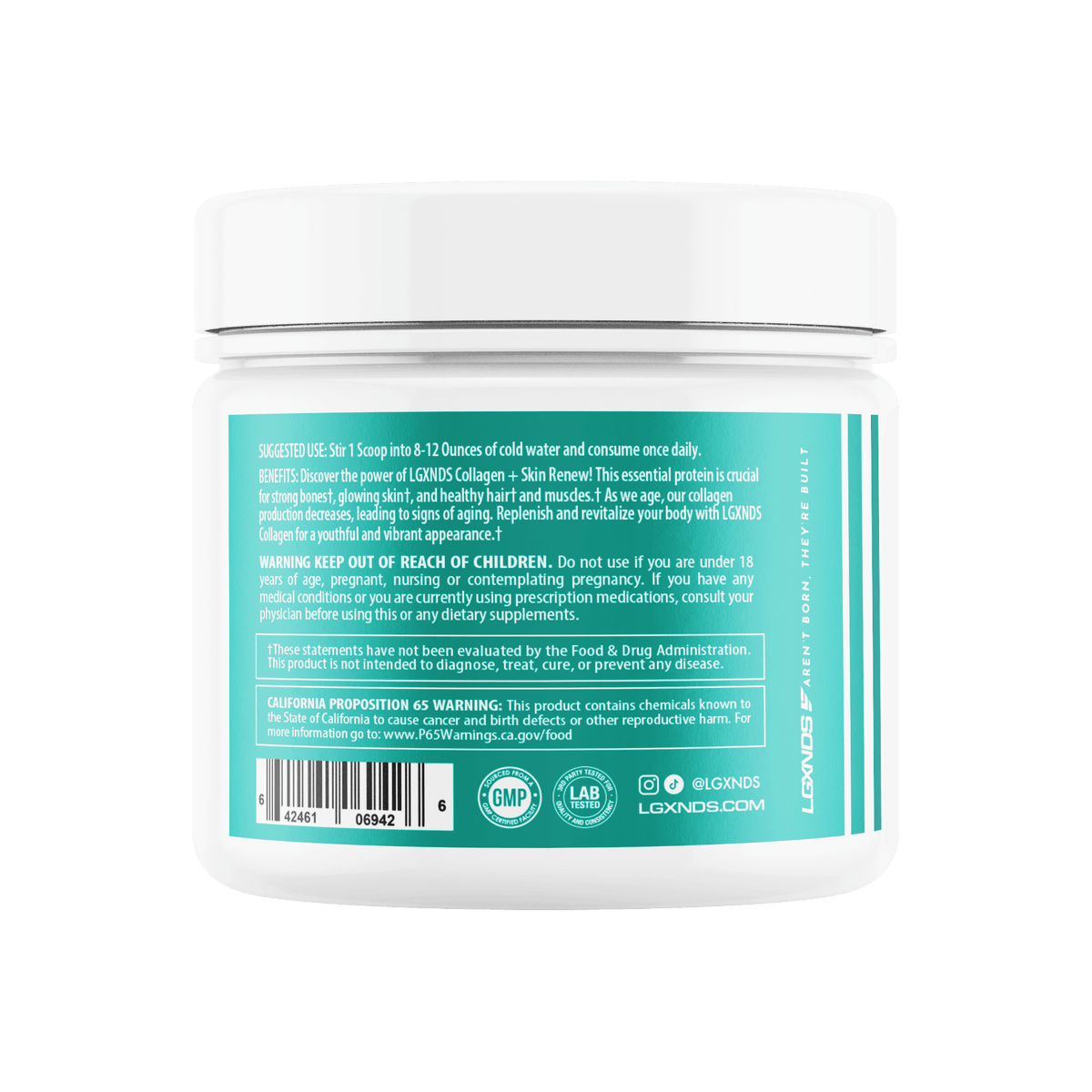 Back label of collagen powder supplement jar, usage instructions, benefits, and safety warnings