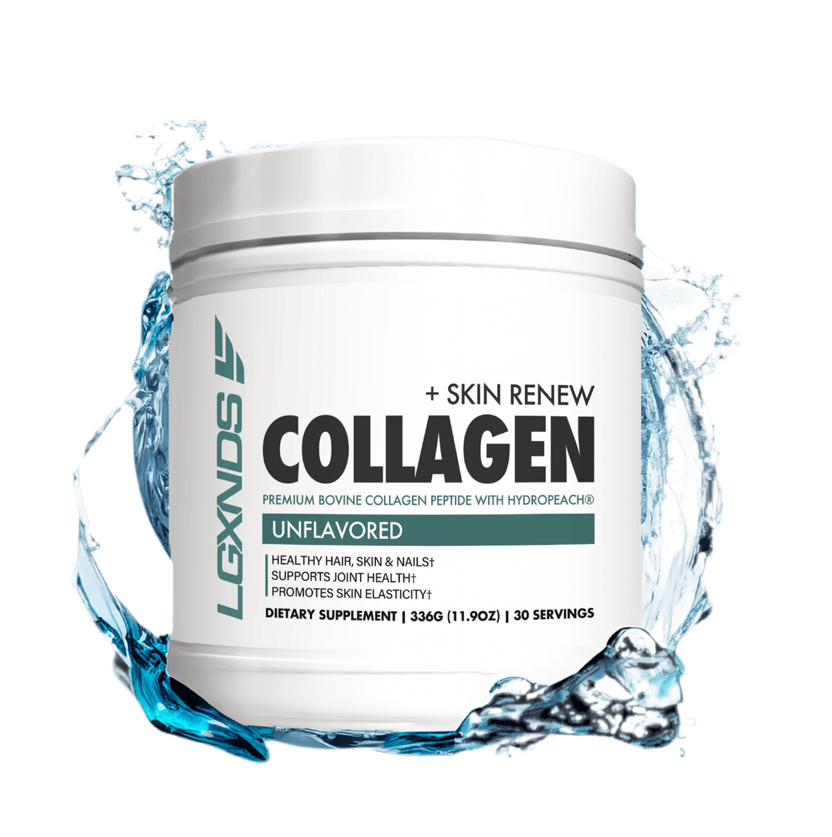 Unflavored collagen supplement powder container with water splash, supports skin and joint health