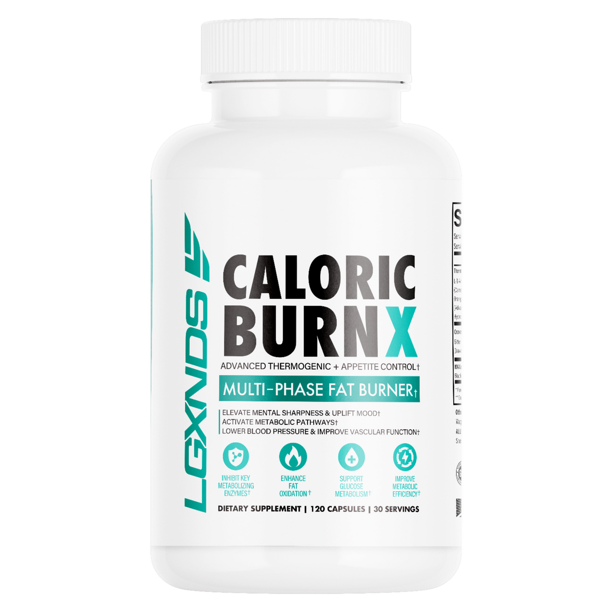 White bottle of Caloric BurnX multi-phase thermogenic fat burner supplement, 120 capsules