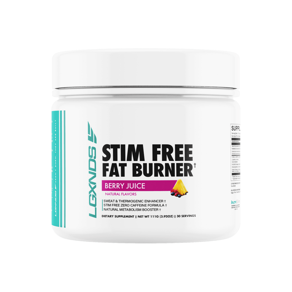 Berry Juice STIM FREE FAT BURNER supplement tub, natural flavors, thermogenic enhancer.