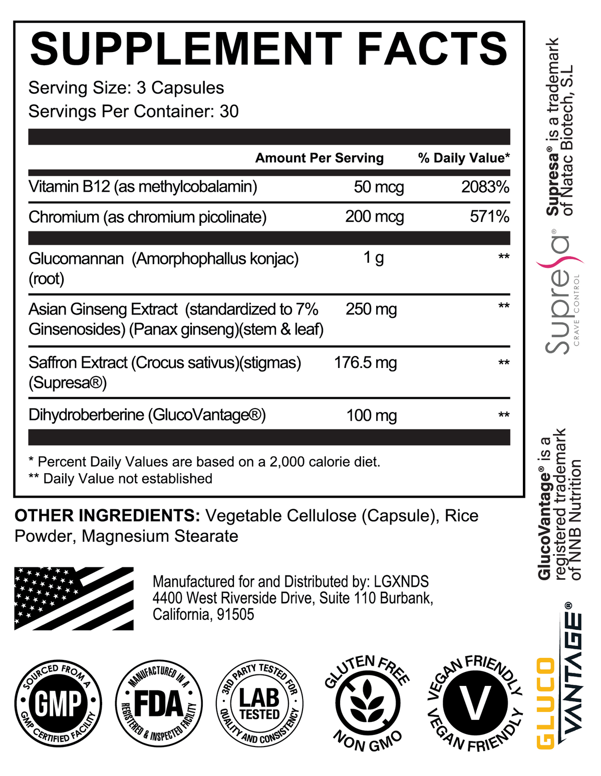 Supplement Facts label showing ingredients like Vitamin B12, glucomannan, Asian ginseng, saffron extract, and dihydroberberine, plus gluten free, non GMO and vegan icons.