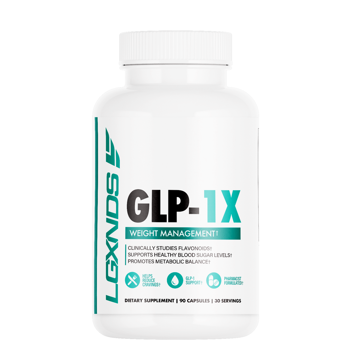 White dietary supplement bottle labeled GLP-1X for weight management support.