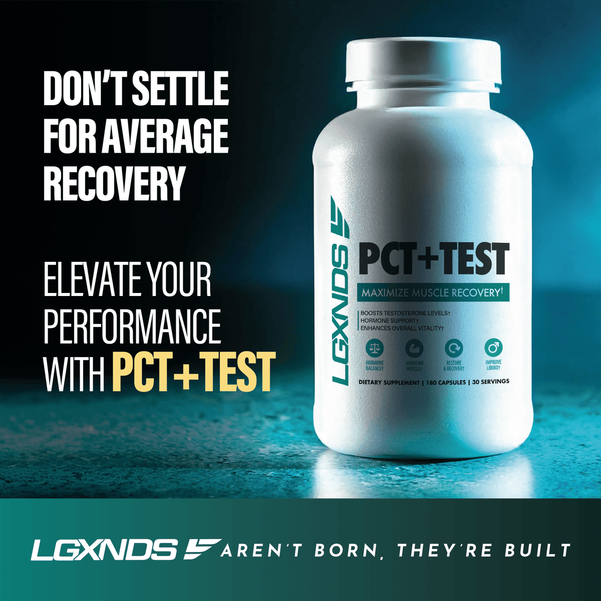 PCT+TEST muscle recovery supplement bottle with performance-boosting text and teal background