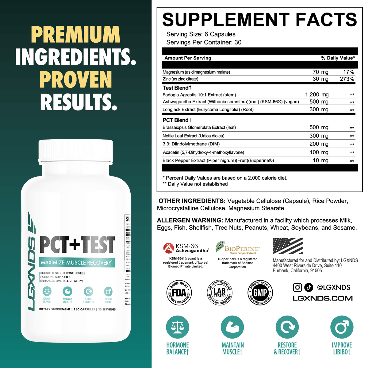 PCT+TEST supplement bottle with ingredient list, supplement facts, and muscle recovery benefits.