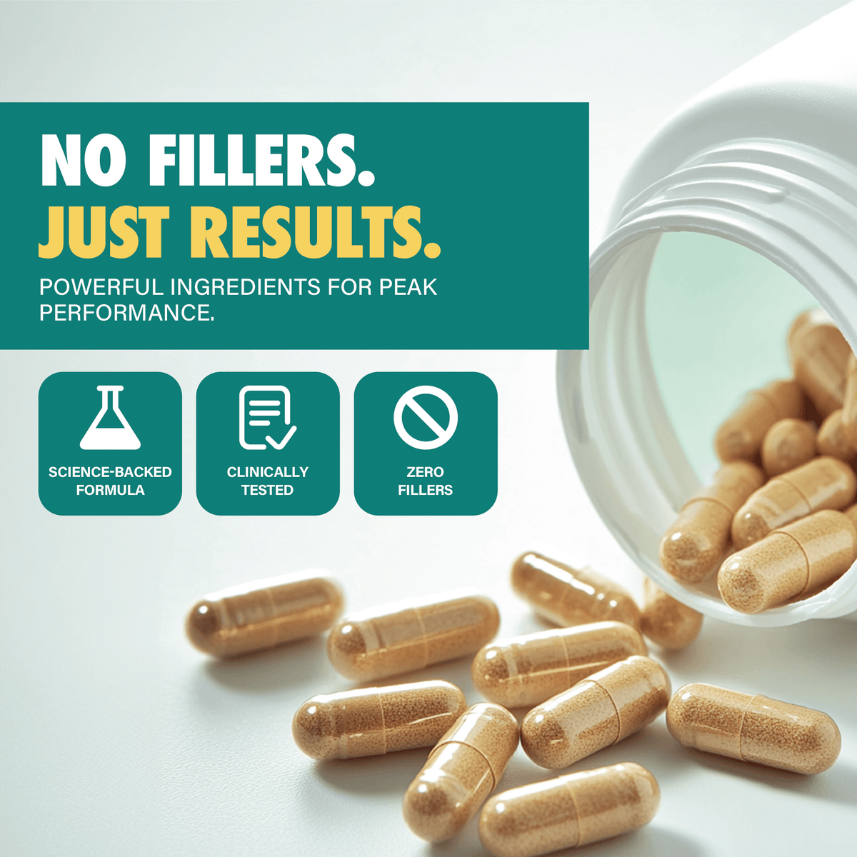 Open supplement bottle with brown capsules, labeled science-backed, clinically tested, zero fillers.