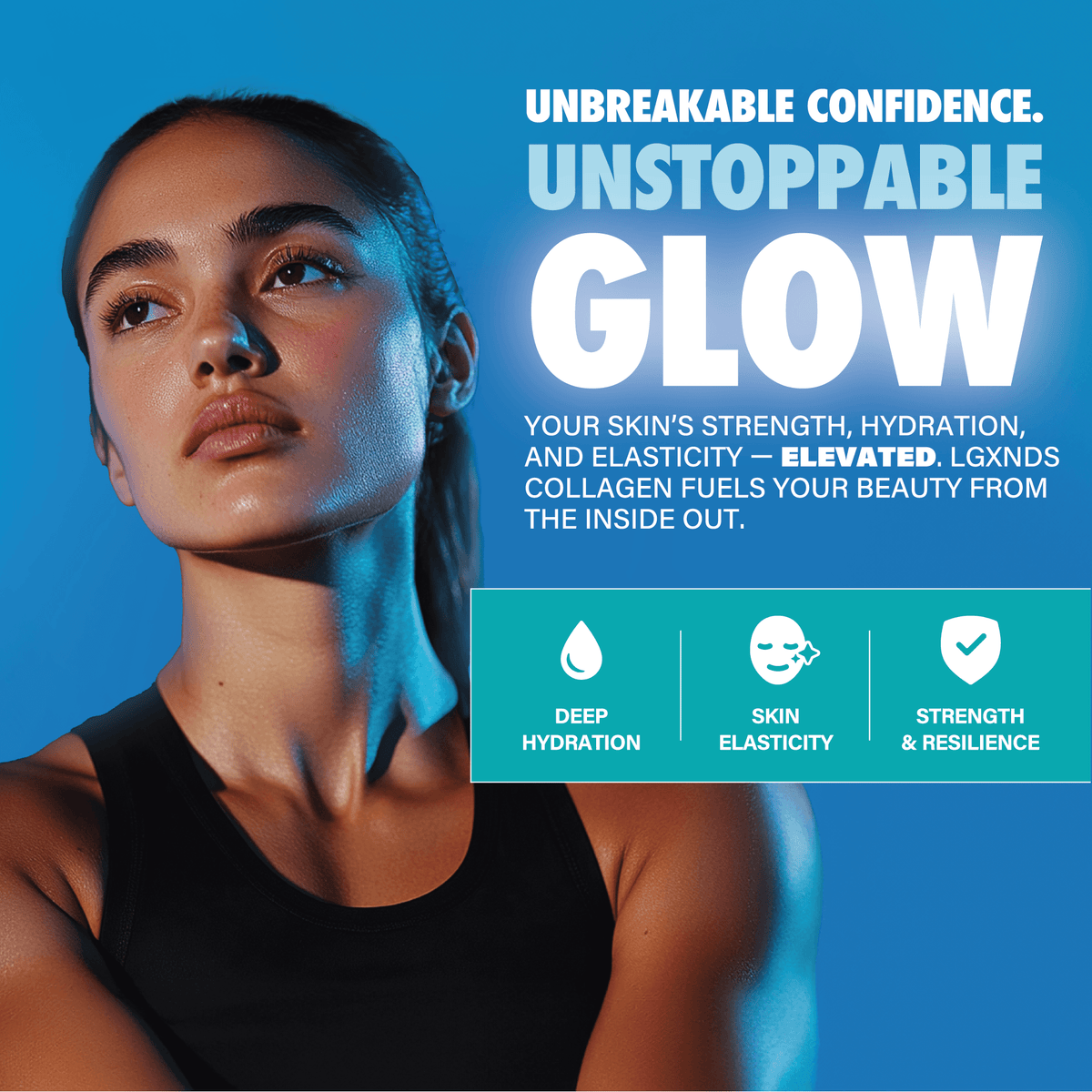 Confident woman with glowing skin promotes collagen supplement for hydration, elasticity, strength.