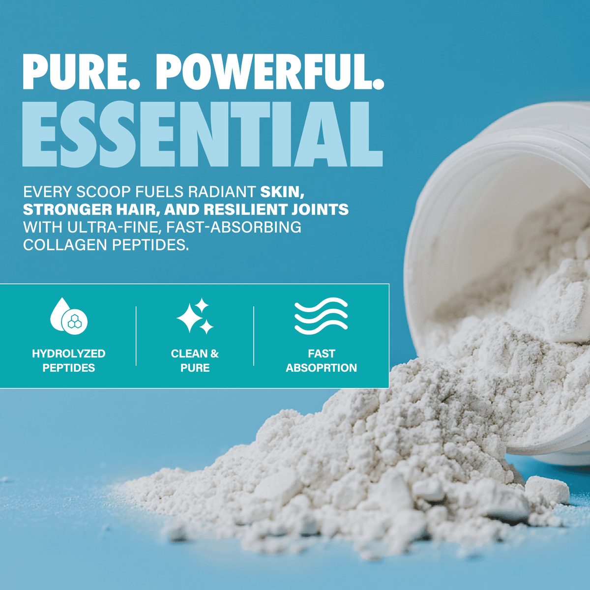 Collagen peptides powder spilled from a container, promoting clean, pure, fast-absorbing supplement.