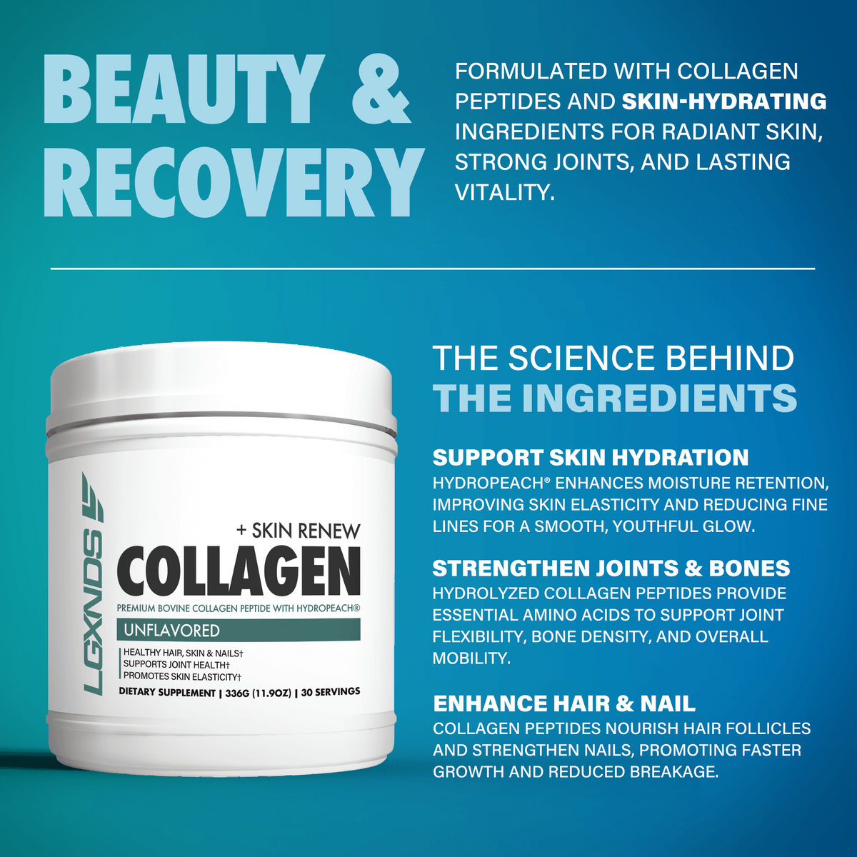 Collagen supplement container for skin hydration, joint support, hair and nail health, on blue background with product benefits listed.