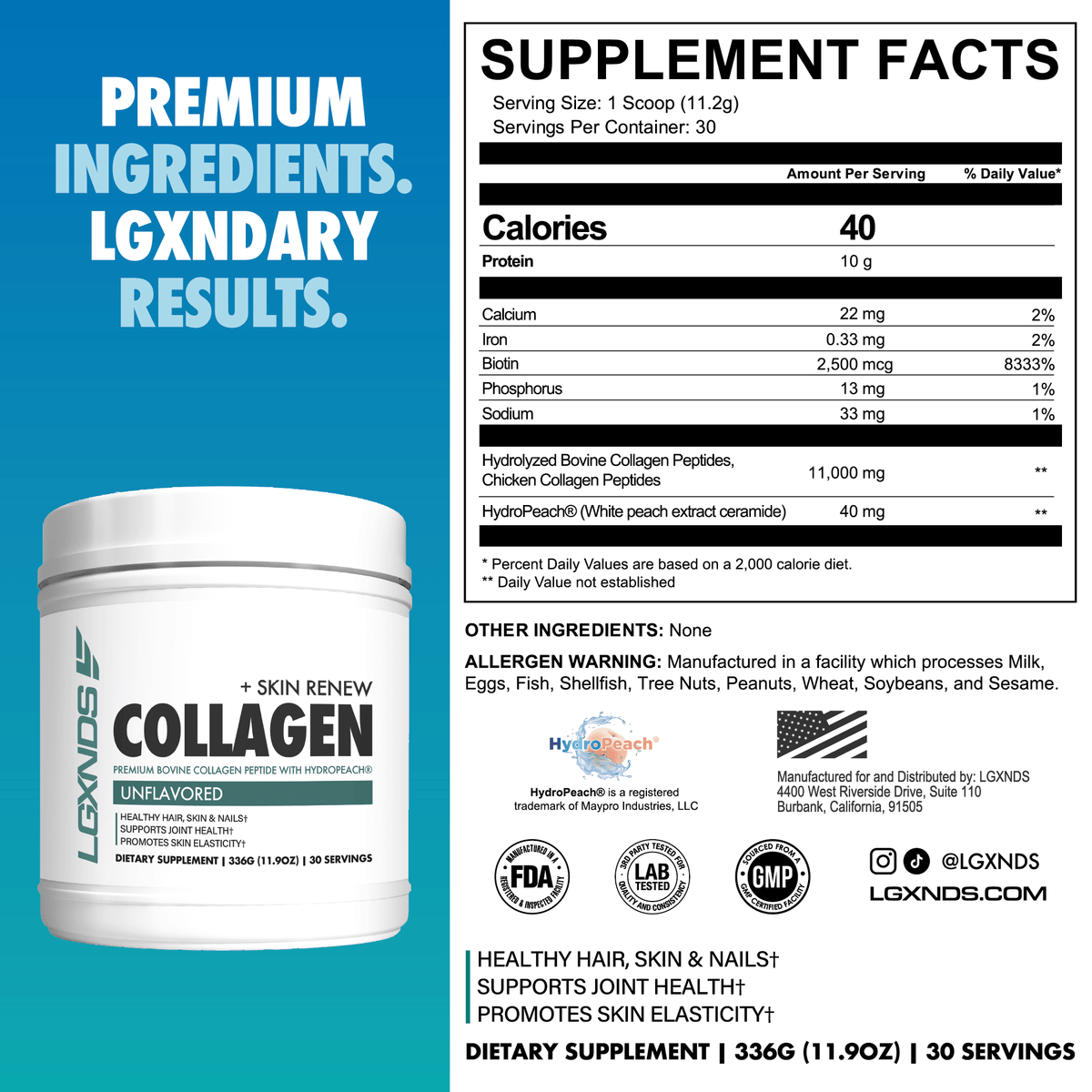 Unflavored collagen peptide supplement container with supplement facts, promotes hair, skin, joint health.