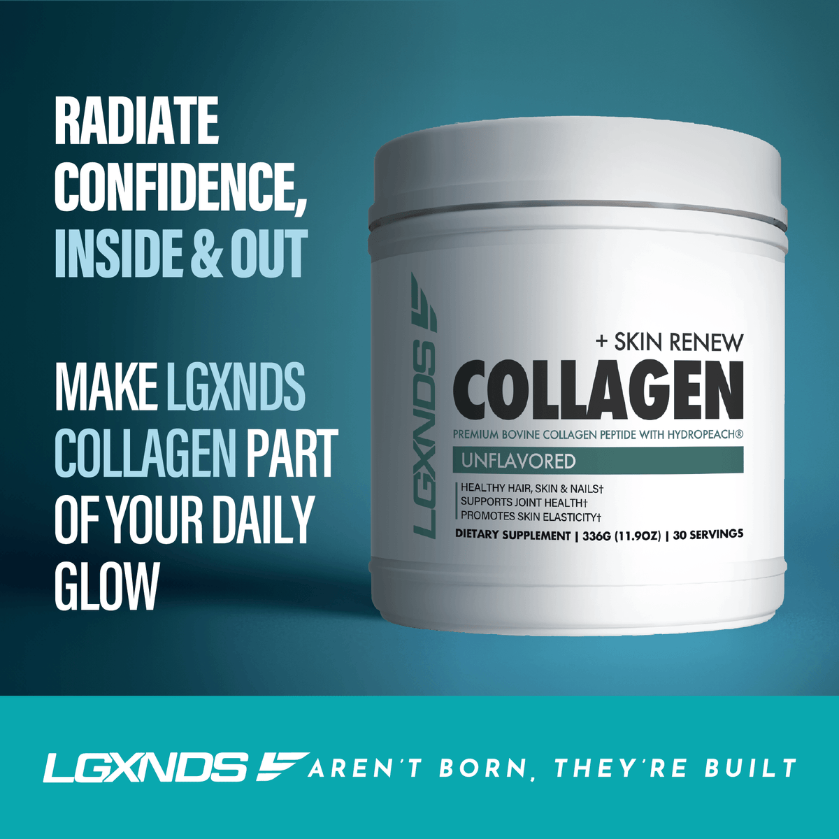 Unflavored collagen supplement powder container for skin, hair, and joint health on teal background