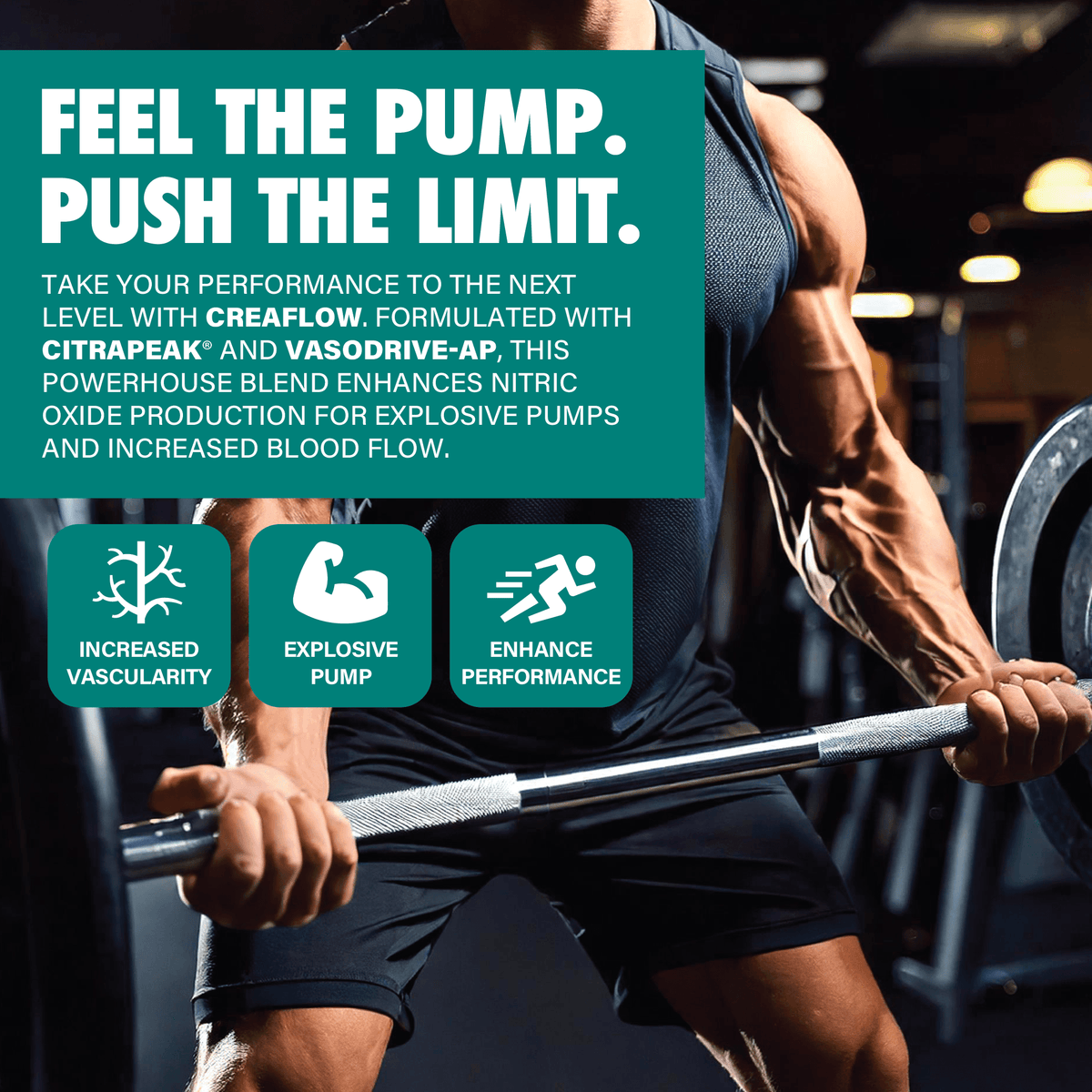 Muscular athlete lifting barbell in gym with supplement benefits text overlay for strength and performance