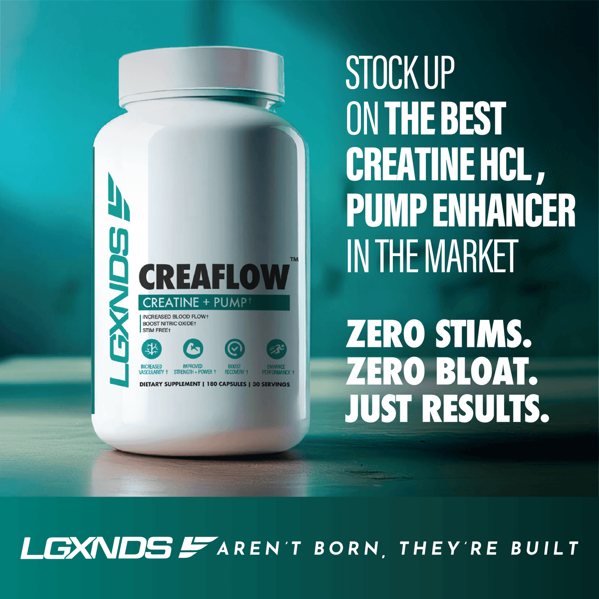 CREAFLOW creatine HCL supplement bottle with marketing text and teal background