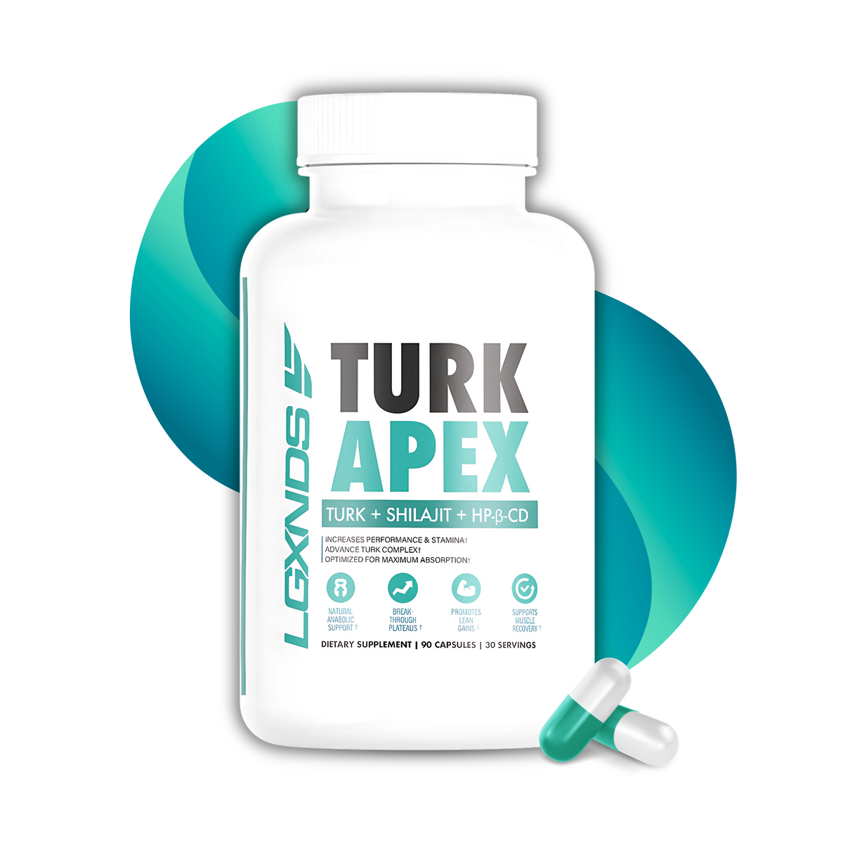 White bottle labeled Turk Apex strength supplement with two teal and white capsules