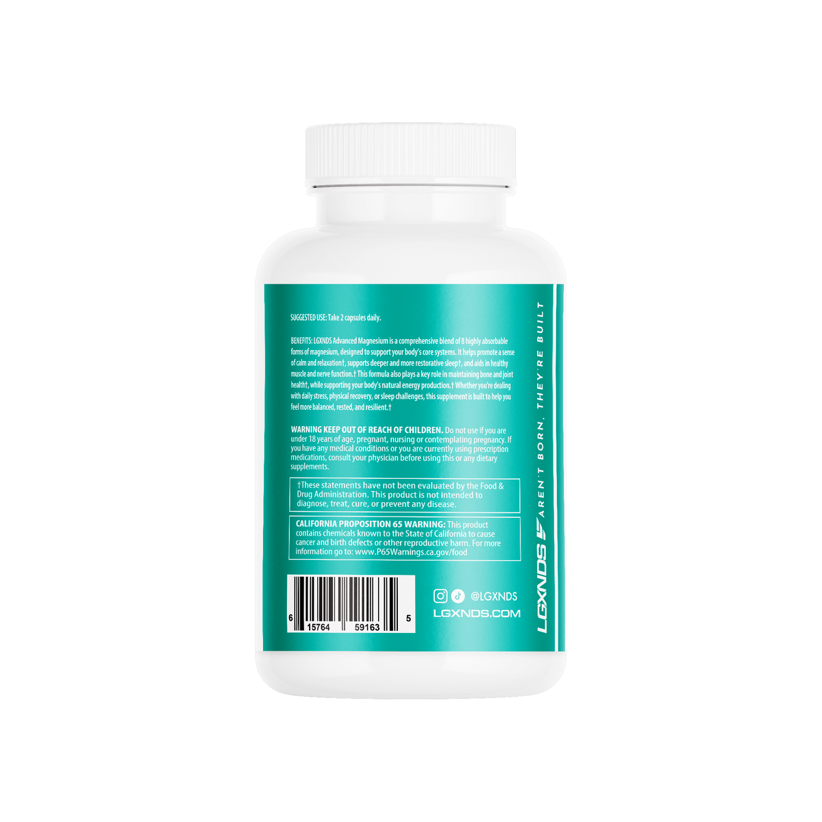 Back label of a magnesium supplement bottle showing suggested use, warnings, and supplement facts.