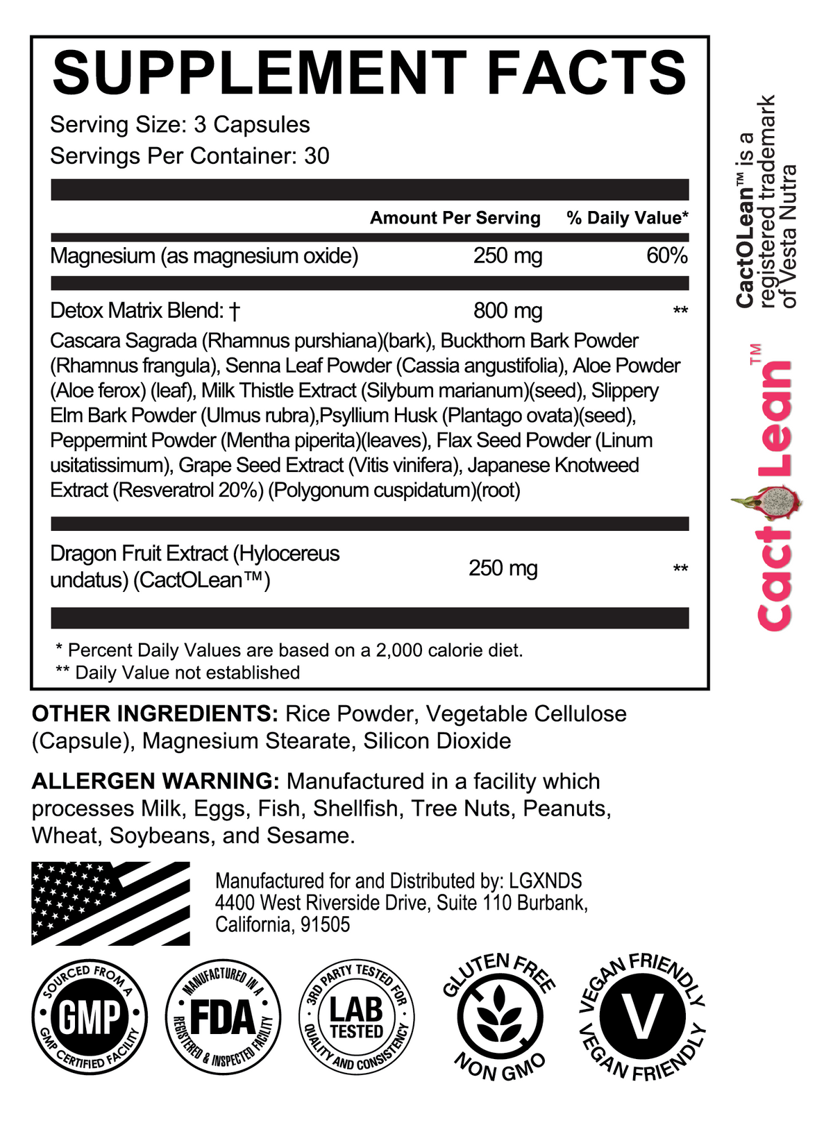 MaxDetox supplement facts label showing ingredients, serving size, and allergen warning.
