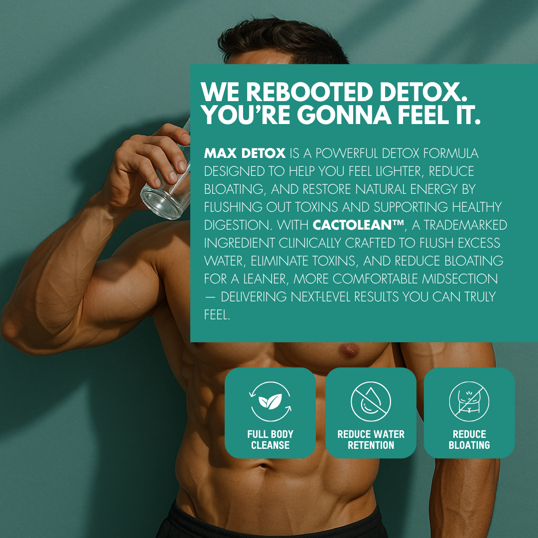 Fit man drinking water, showcasing Max Detox supplement benefits like full body cleanse, reduced bloating, and water retention