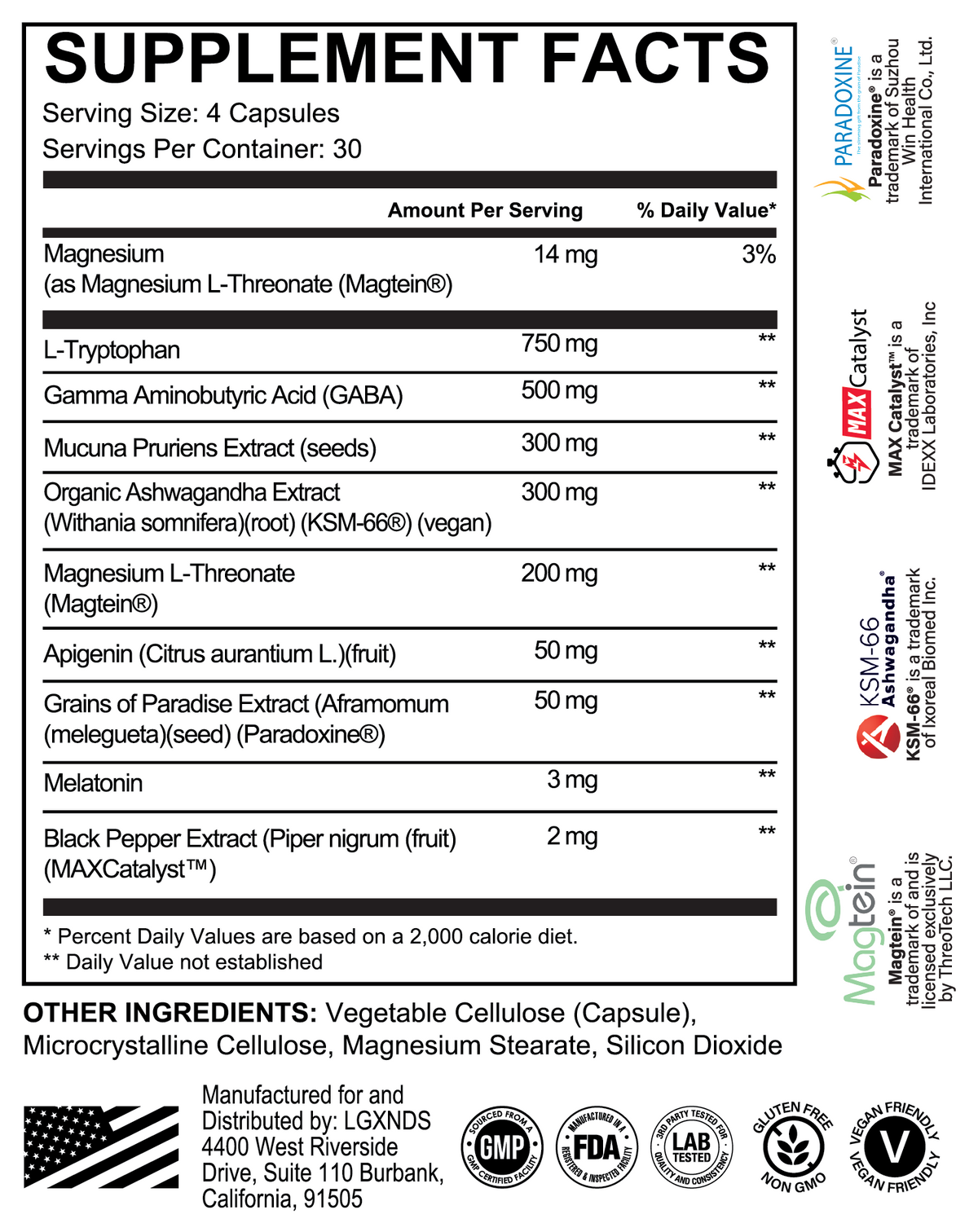 Supplement facts label showing serving size, capsule count, and detailed ingredients list.