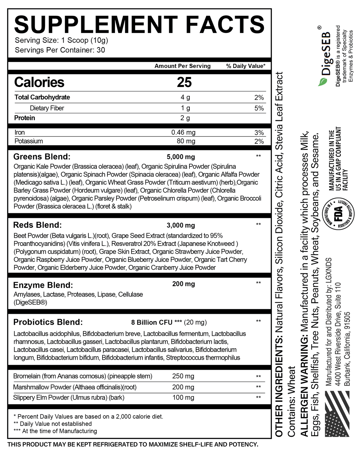 Supplement facts label for a greens, reds, enzyme, and probiotics powder with nutrition details.