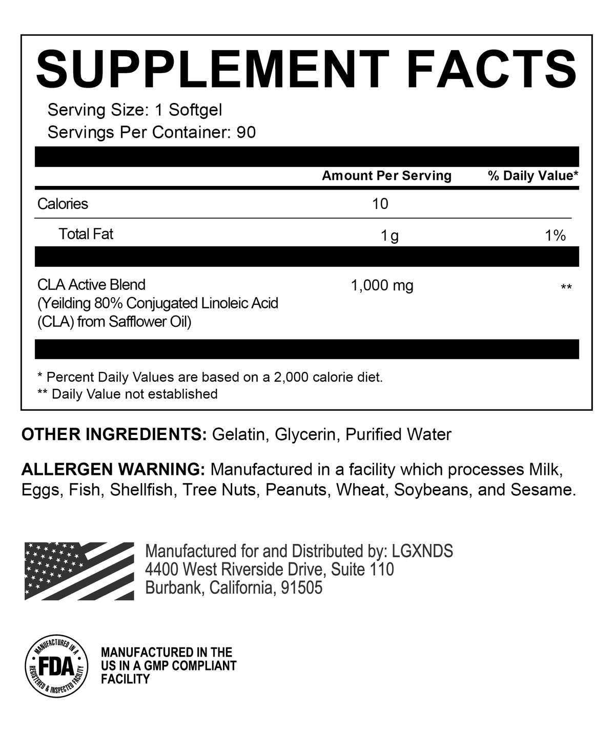 Supplement facts label for softgel with CLA, showing calories, fat content, and allergen warning.