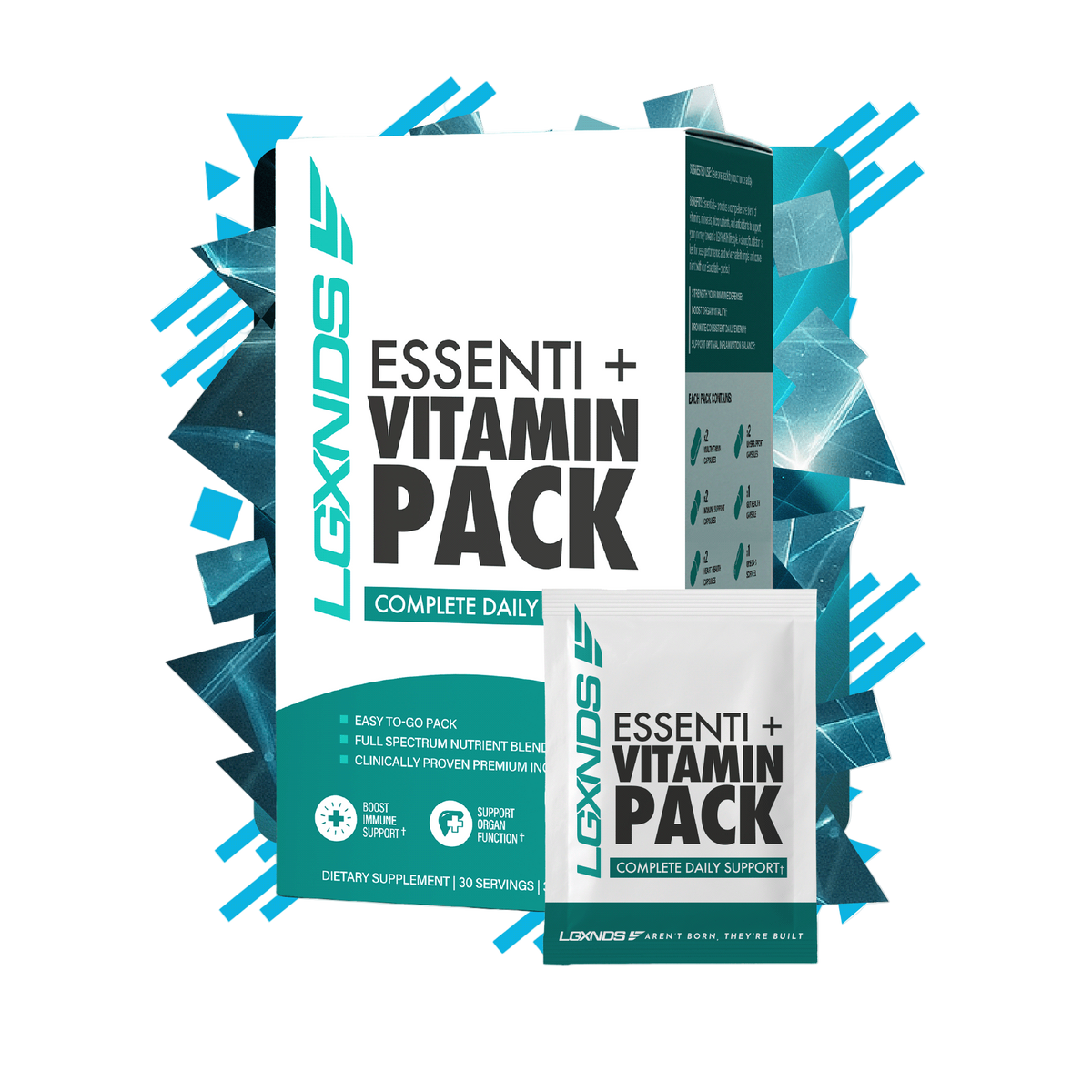 Essenti+ Vitamin Pack box and single serving pack with abstract geometric background, dietary supplement for daily support.