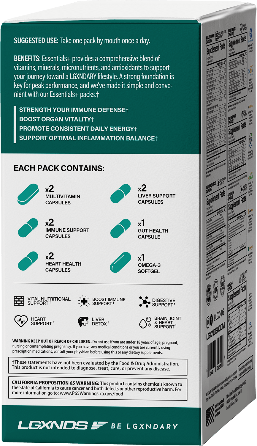 Vitamin box with supplement facts, usage instructions, and icons for immune, liver, heart, and gut health support.