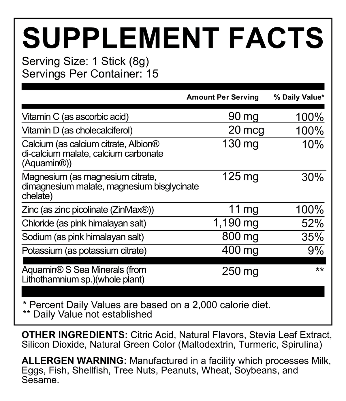 Supplement facts panel showing vitamins, minerals, serving size, and allergen warning.