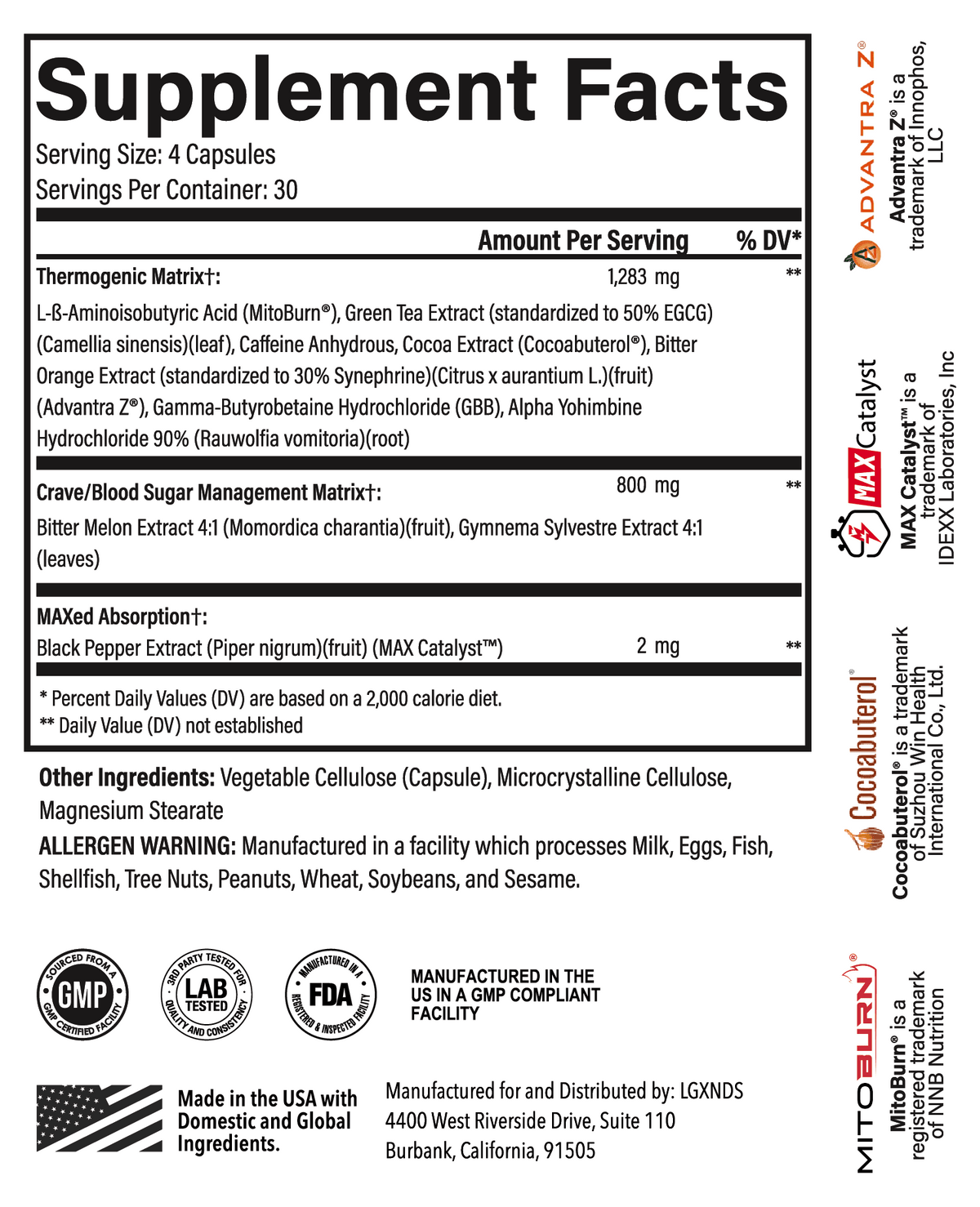 Caloric burn supplement facts label with ingredients, serving size, and allergen info.
