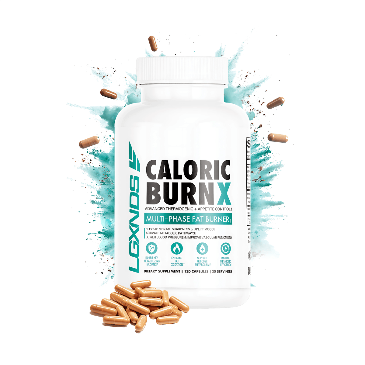 Caloric Burn X multi-phase fat burner supplement bottle with capsules and teal splash background.