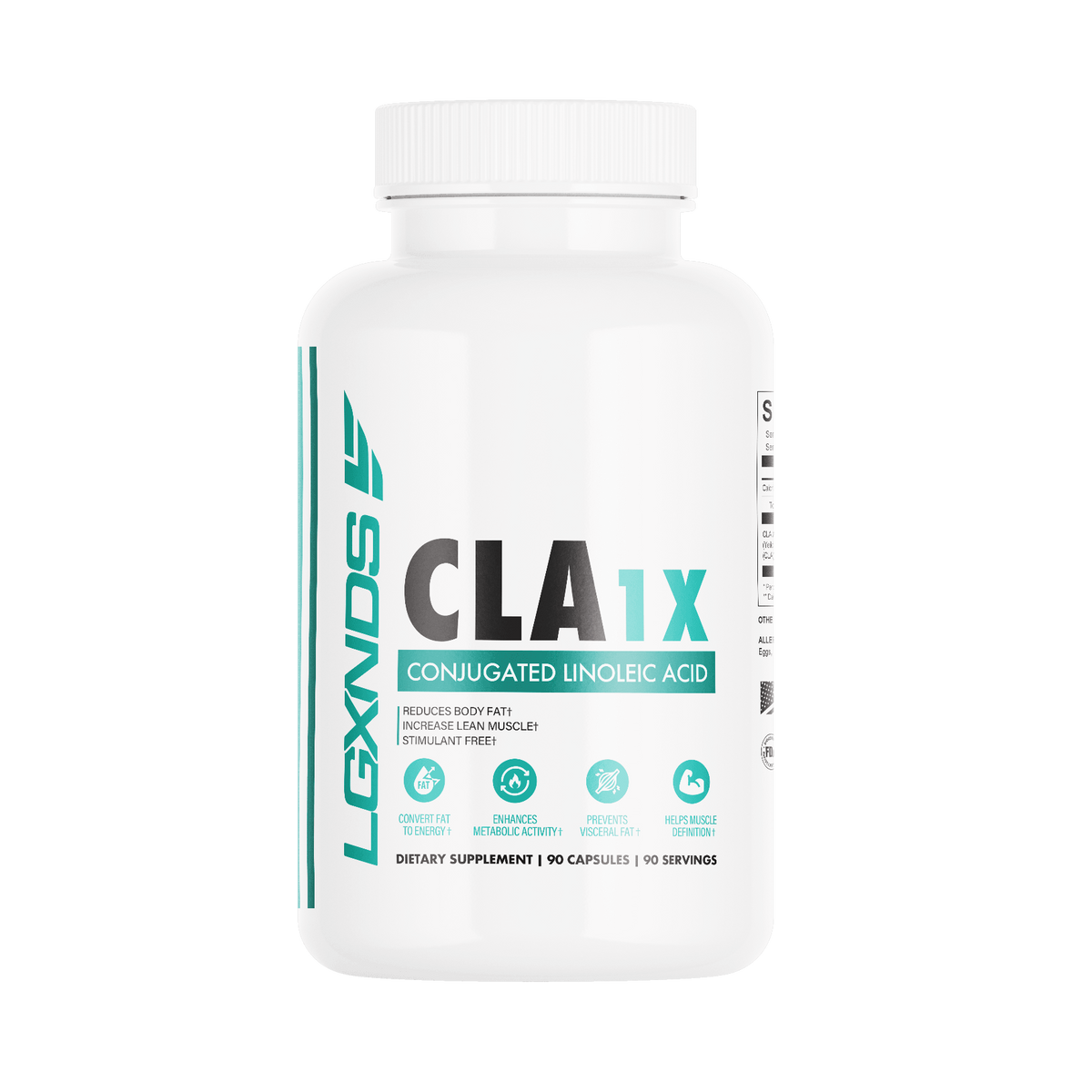 White bottle of CLA 1X conjugated linoleic acid dietary supplement, 90 capsules