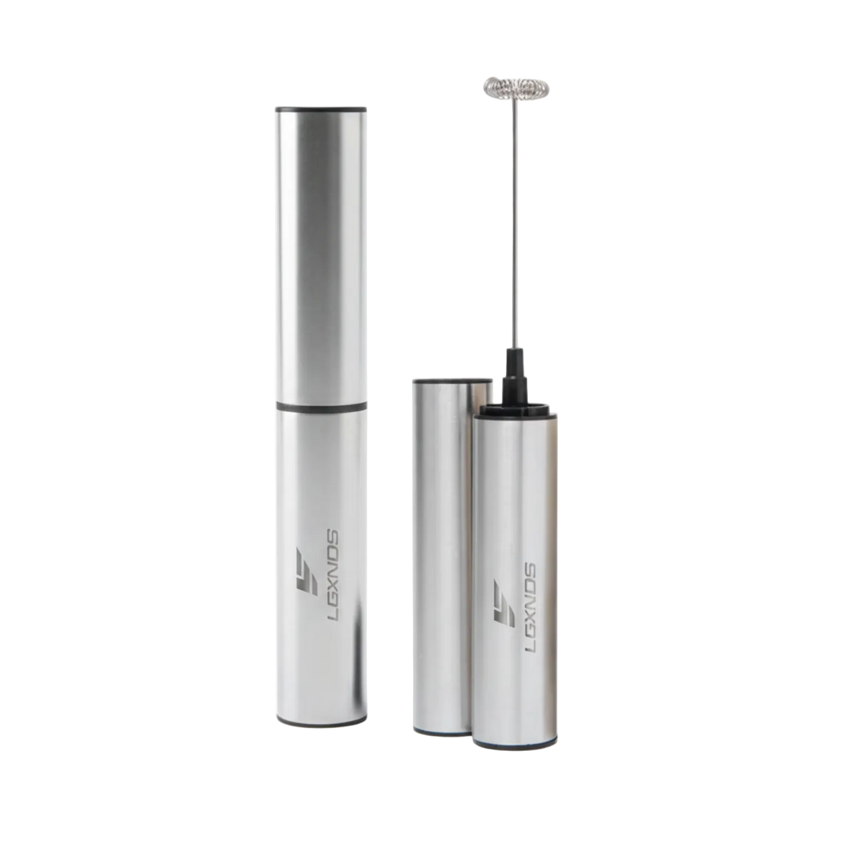 Stainless steel handheld electric frother with branded logo, isolated on black background