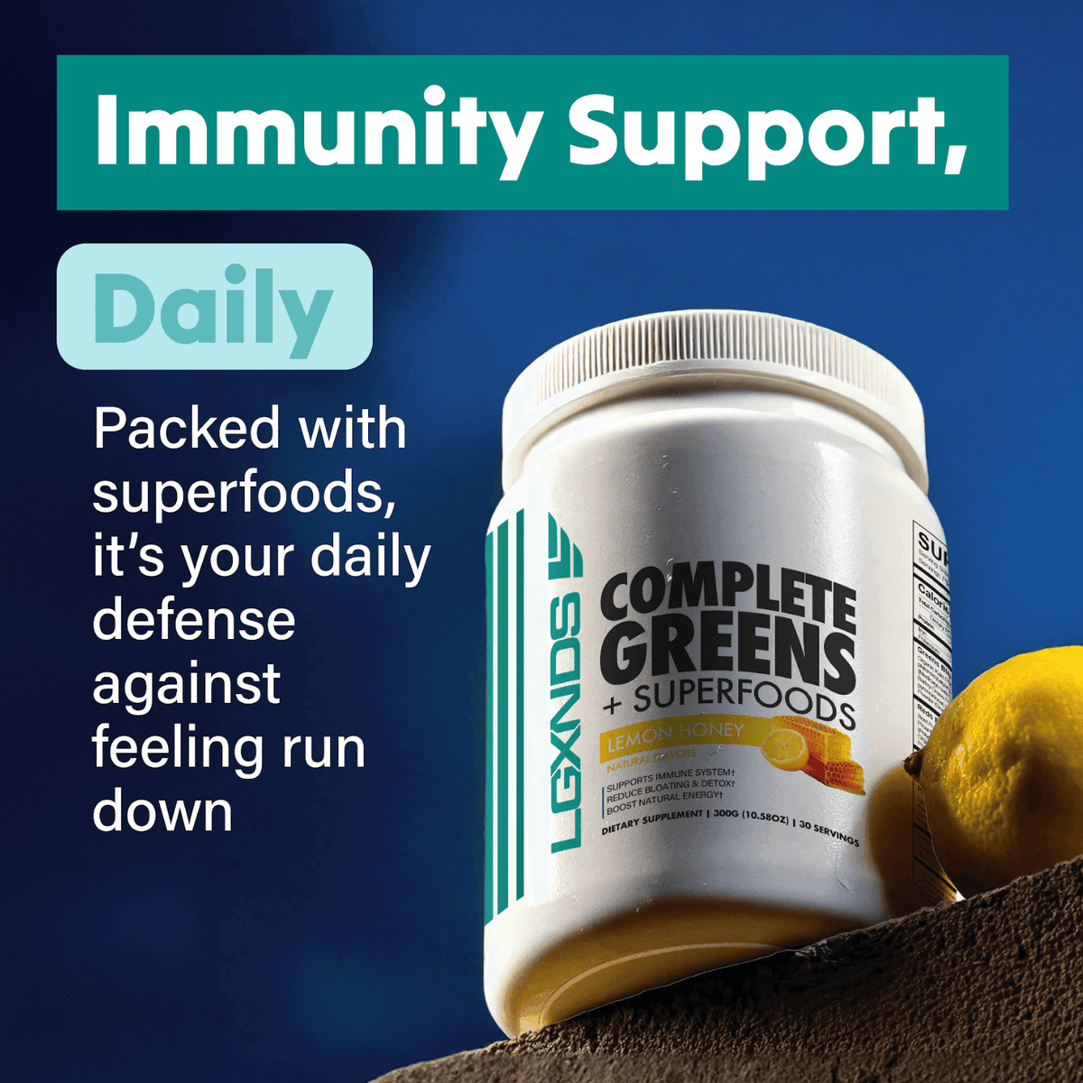 Complete Greens + Superfoods lemon honey supplement for daily immunity support with superfoods.