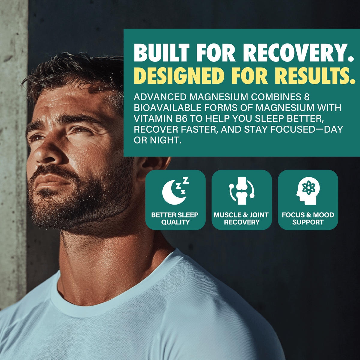 Athletic man in sportswear with text on magnesium supplement benefits for recovery, sleep, and mood
