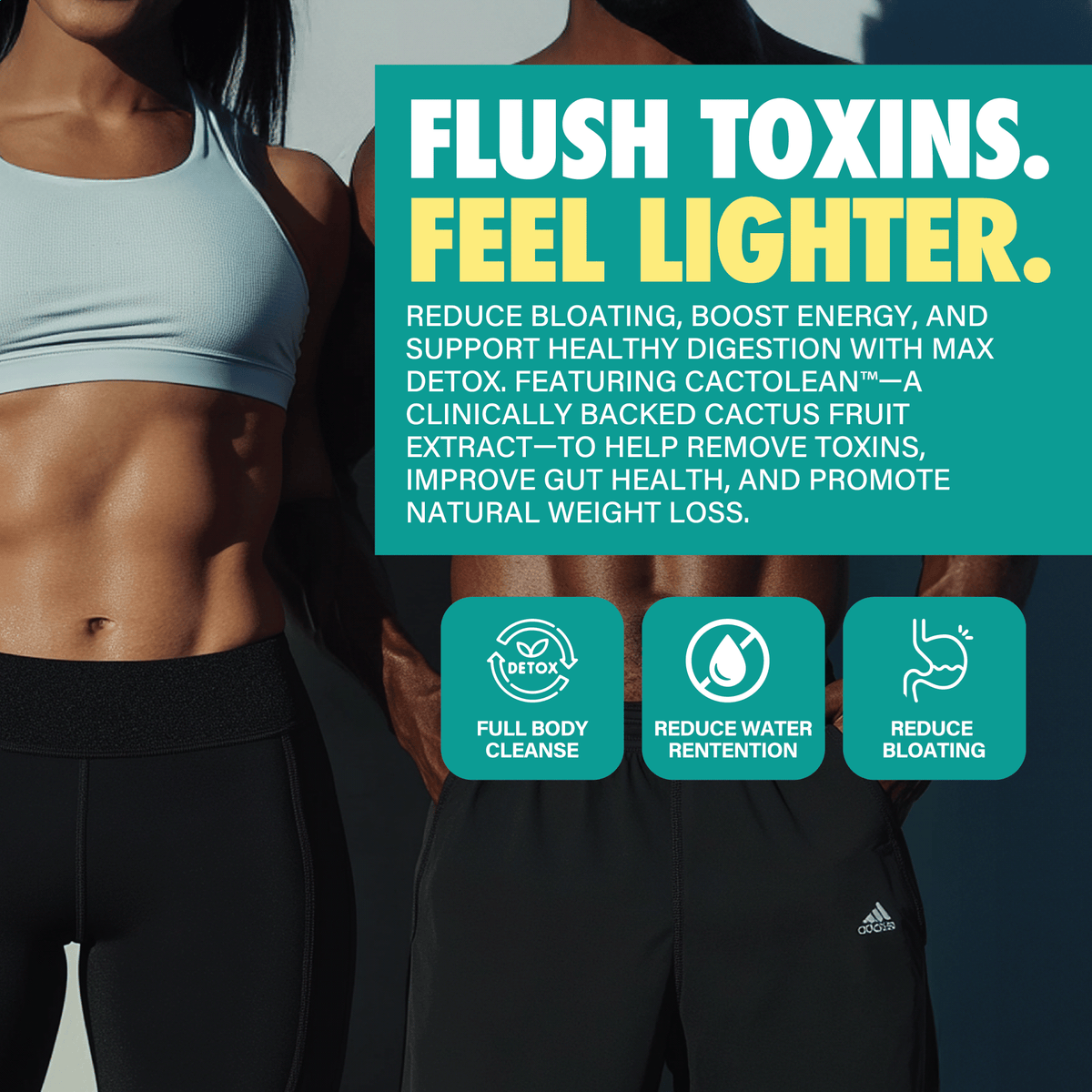 Fit man and woman in sportswear promoting detox supplement benefits for bloating and gut health