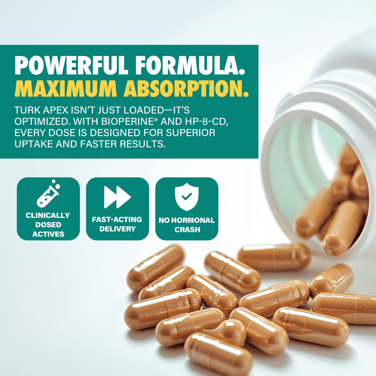 Brown supplement capsules spilling from a bottle, highlighting maximum absorption and fast-acting delivery.